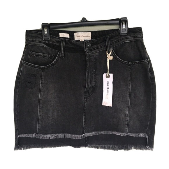 Band of Gypsies Denim Mini Skirt Women’s 32 Button Fly Raw Hem Pockets Y2K Boho - Picture 1 of 11